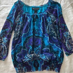 INC International Concepts Turquoise & Purple Paisley Peasant Blouse